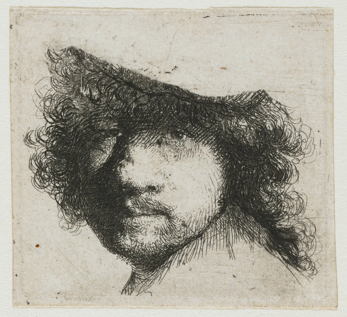 Sheet of studies: head of the artist by Rembrandt van Rijn, print, 1632