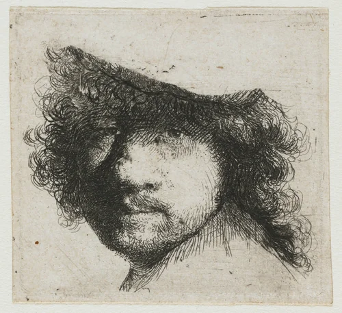 Sheet of studies: head of the artist by Rembrandt van Rijn, print, 1632