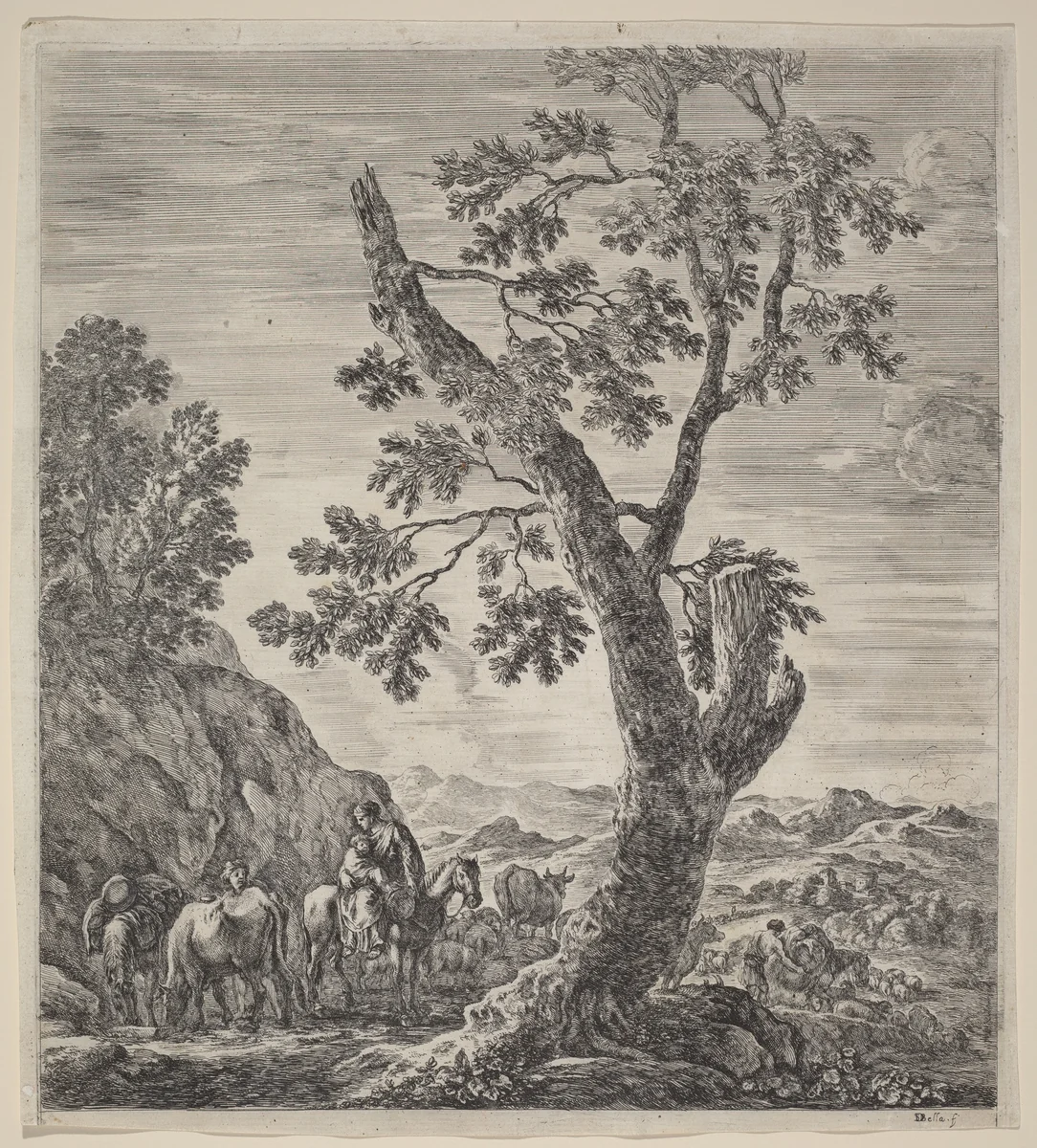 Peasant Woman on Horseback with a Child in Her Arms by Stefano della Bella, print, 1656