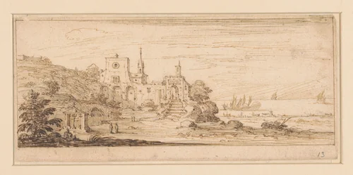 Kustgezicht met kerk van de Heilige Drie-eenheid van Gaeta by Israël Silvestre, drawing, 1636-1687