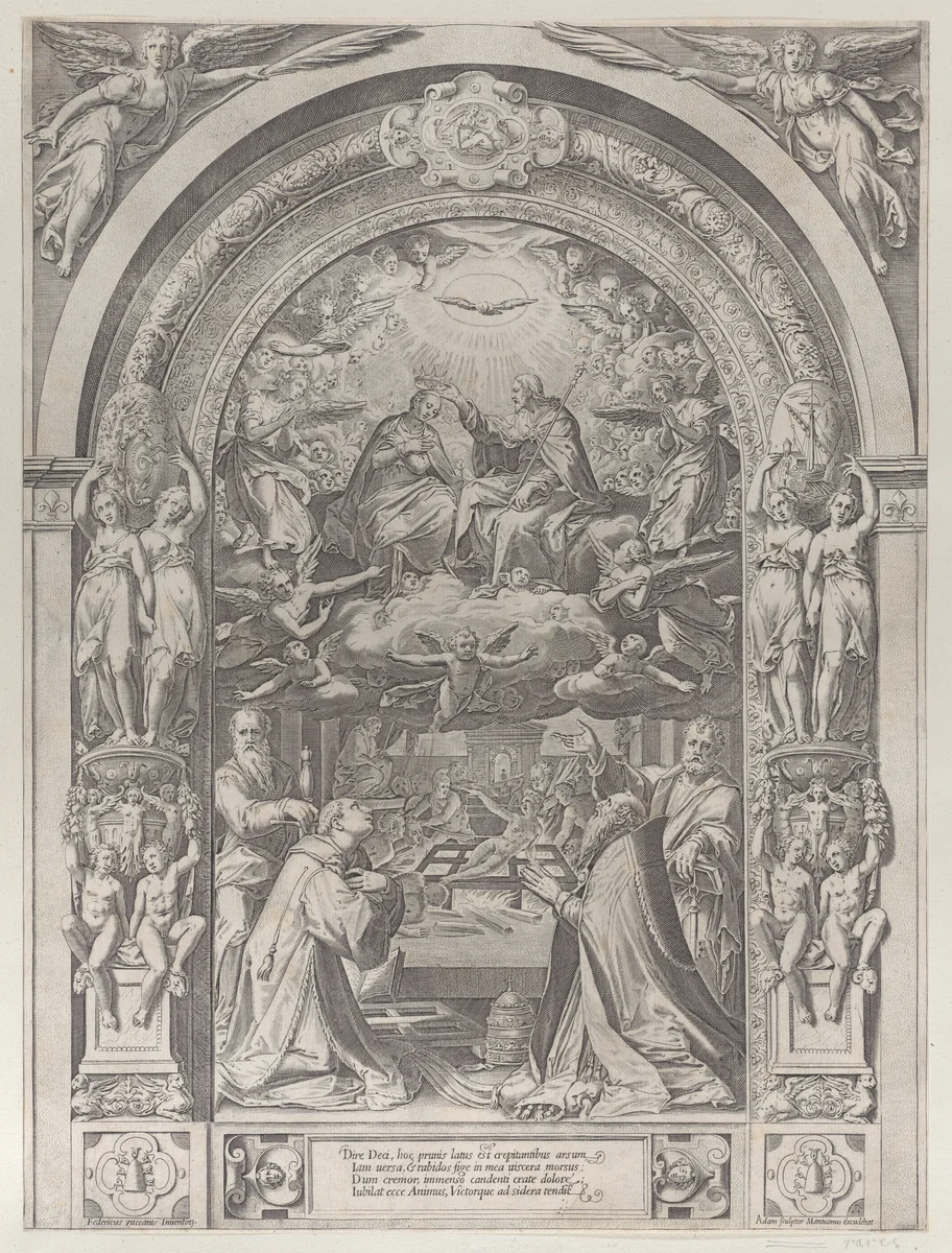 Saints Lawrence, Sixtus, Peter, and Paul adoring the Coronation of the Virgin by Christ above by anonymous, print, 1571-1581