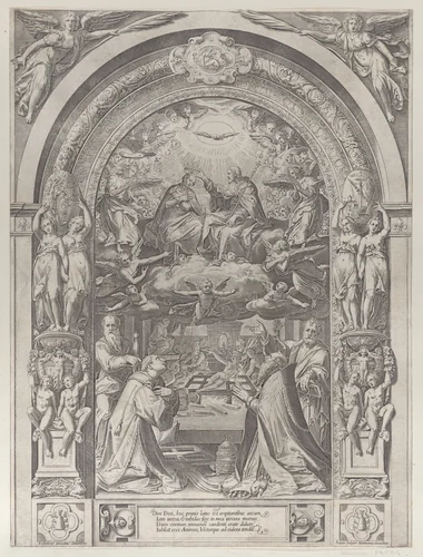 Saints Lawrence, Sixtus, Peter, and Paul adoring the Coronation of the Virgin by Christ above by anonymous, print, 1571-1581