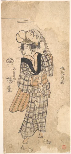 The Courtesan Umematsu of the Atarashiya Brothel Costumed as an Ohara Maiden by Ryūkōsai Jokei, print, 1790-1793