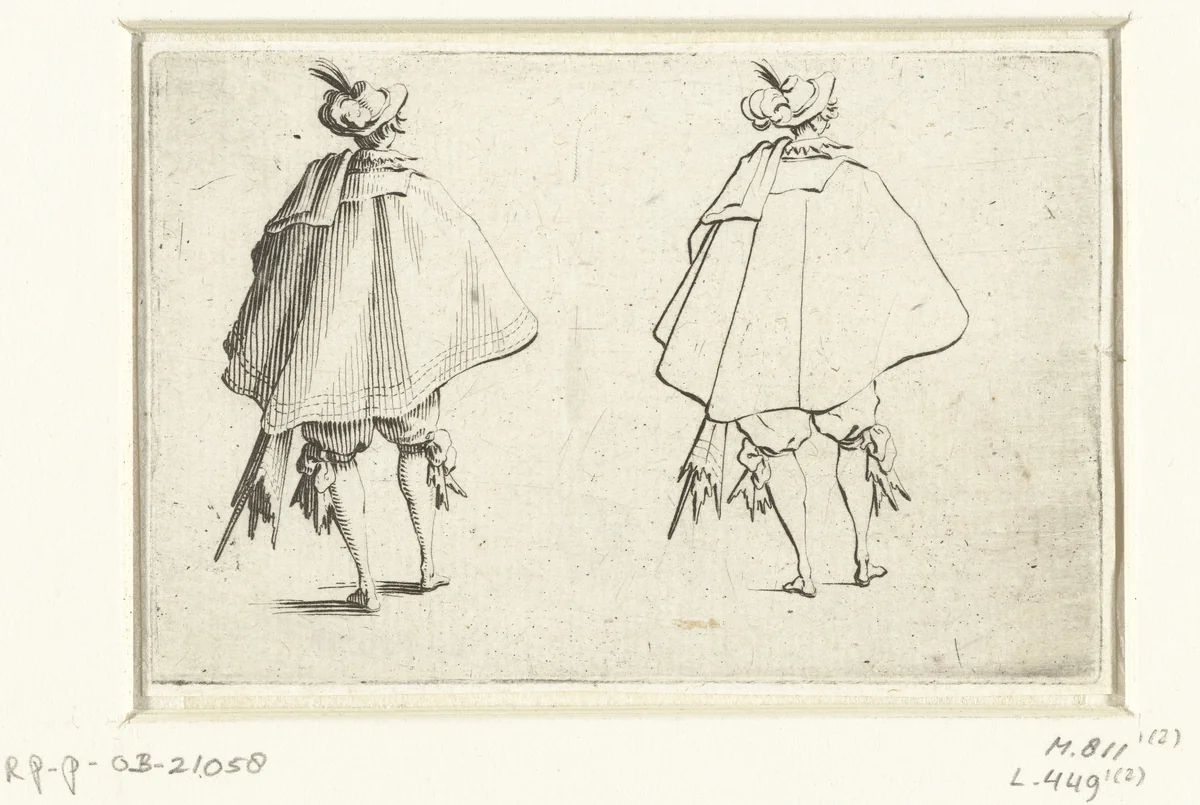 Tweemaal dezelfde man met mantel en zwaard, op de rug gezien by Jacques Callot, print, 1621