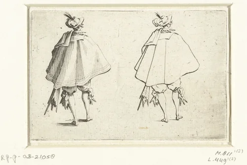 Tweemaal dezelfde man met mantel en zwaard, op de rug gezien by Jacques Callot, print, 1621