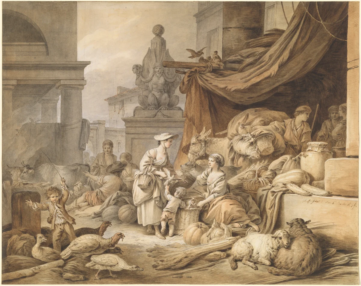 Market Scene with a Fantastic Sculpture by Jean-Baptiste Hüet, drawing, 1797-1798