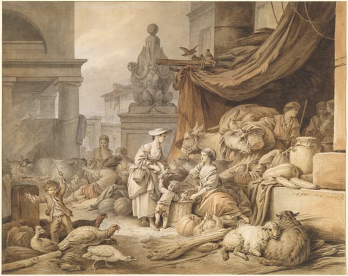 Market Scene with a Fantastic Sculpture by Jean-Baptiste Hüet, drawing, 1797-1798