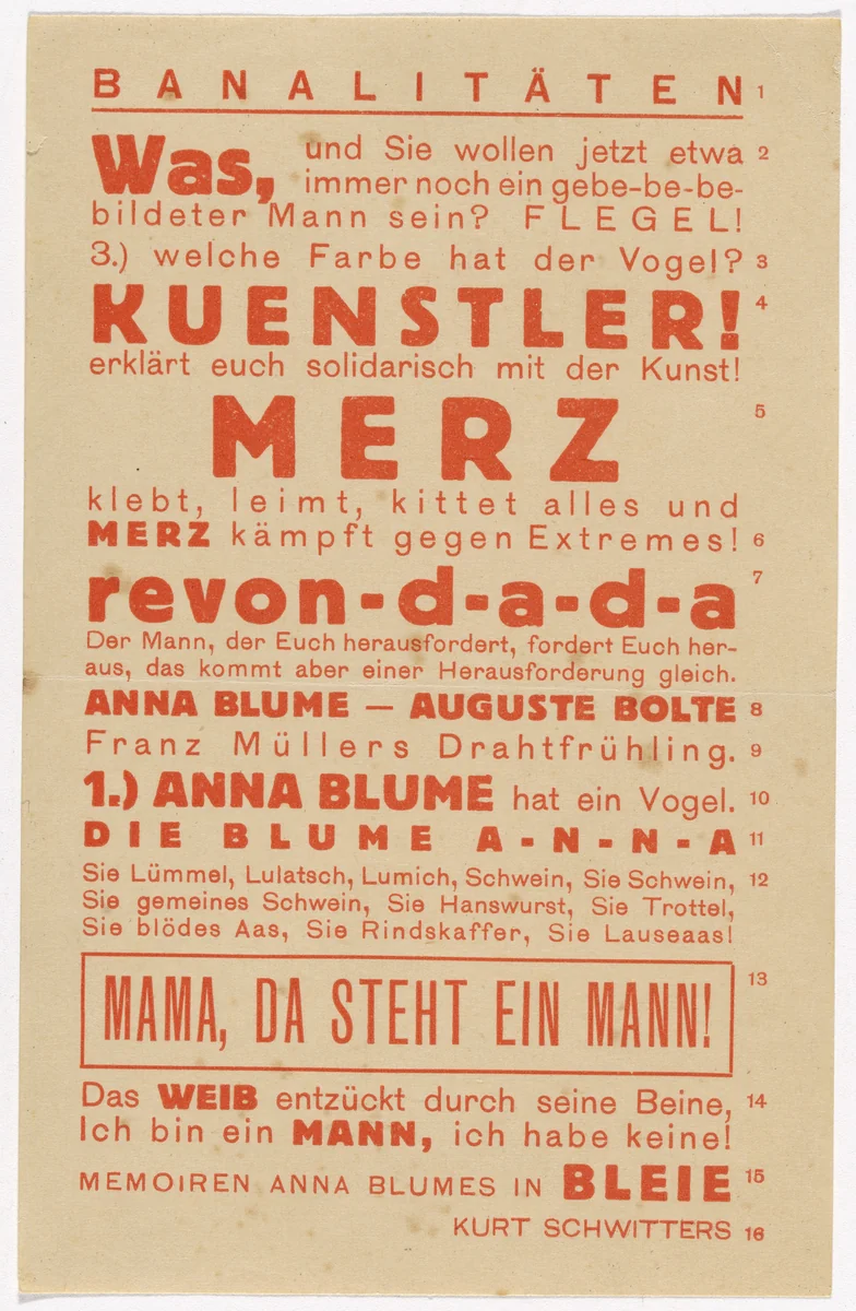 Advertising flyer for Banalities (Banalitäten) issue, Merz no. 4 (Text declares, "Merz sticks, glues, and cements everything, and Merz fights against extremes! [Merz klebt, leimt, kittet alles und Merz kämpft gegen Extremes!]) by Kurt Schwitters, design, 1923