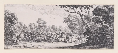 Découverte des Malfaiteurs (The Discovery of the Criminals), plate 9 from "Les Misères et les Mal-Heures de la Guerre" (The Miseries and Misfortunes of War) by Jacques Callot, print, 1633