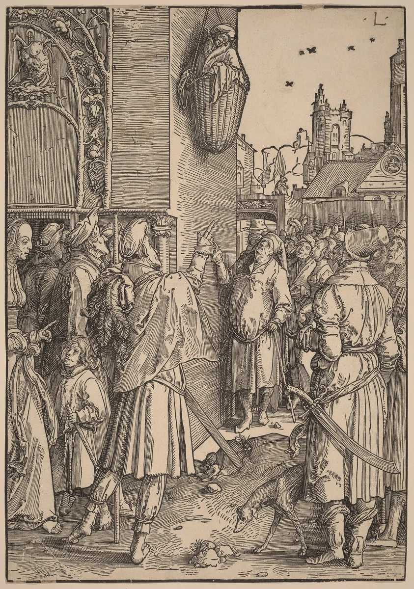 The Poet Virgil Suspended in a Basket by Lucas van Leyden, print, 1512