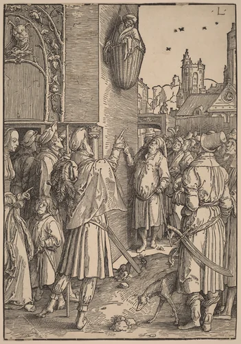 The Poet Virgil Suspended in a Basket by Lucas van Leyden, print, 1512