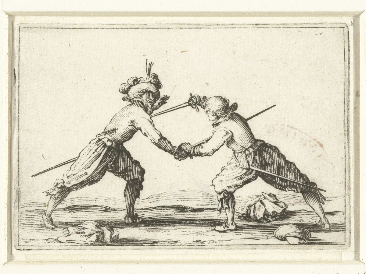 Twee vechtende mannen met zwaarden by Jacques Callot, print, 1621