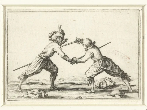Twee vechtende mannen met zwaarden by Jacques Callot, print, 1621