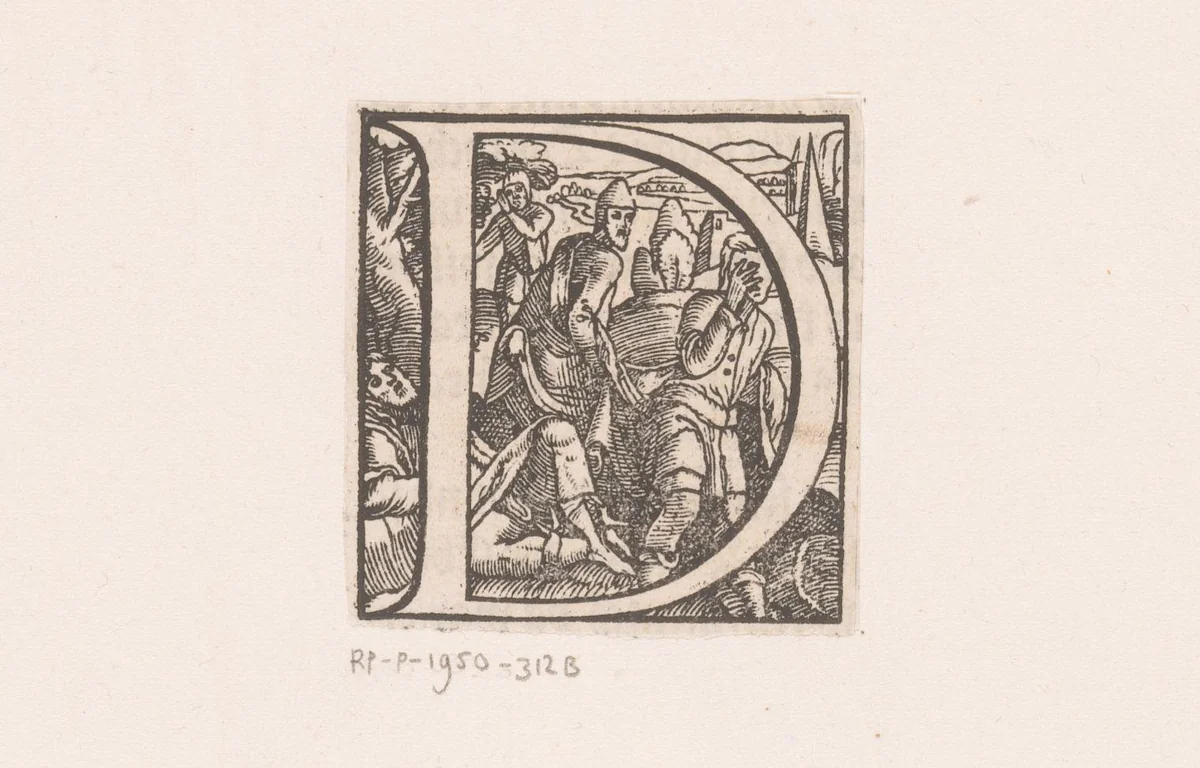 Letter D en de dronkenschap van Noach by anonymous, print, 1560-1612