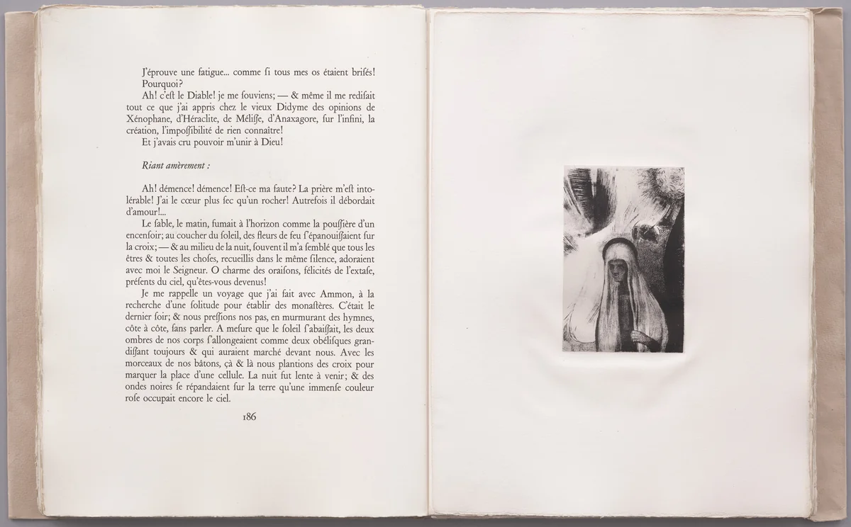 The Old Woman: What Are You Afraid of? A Wide Black Hole! It Is Empty, Perhaps? (La Vieille: Que crains-tu? Un large trou noir! Il est vide, peut-être?) (plate XVII) from La Tentation de Saint-Antoine by Odilon Redon, illustrated book, 1896