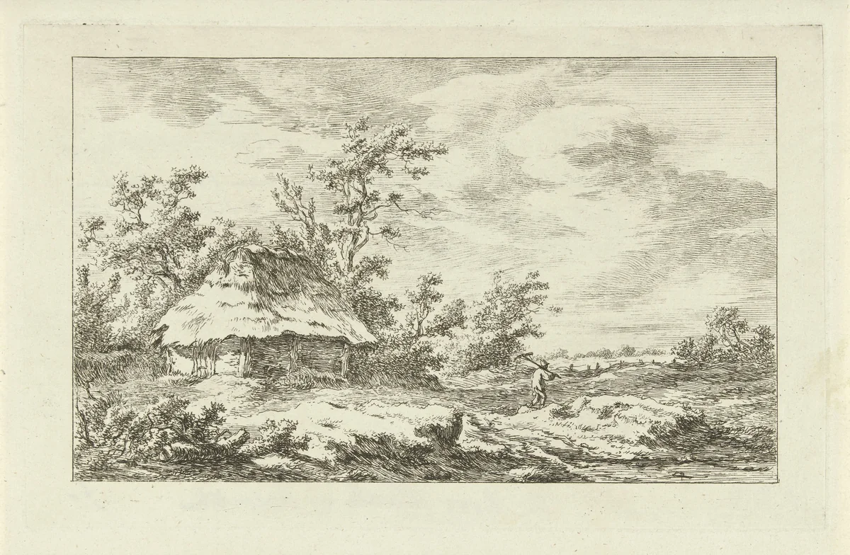 Man met hark bij een schuur by Carel Lodewijk Hansen, print, 1780-1840