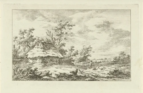 Man met hark bij een schuur by Carel Lodewijk Hansen, print, 1780-1840