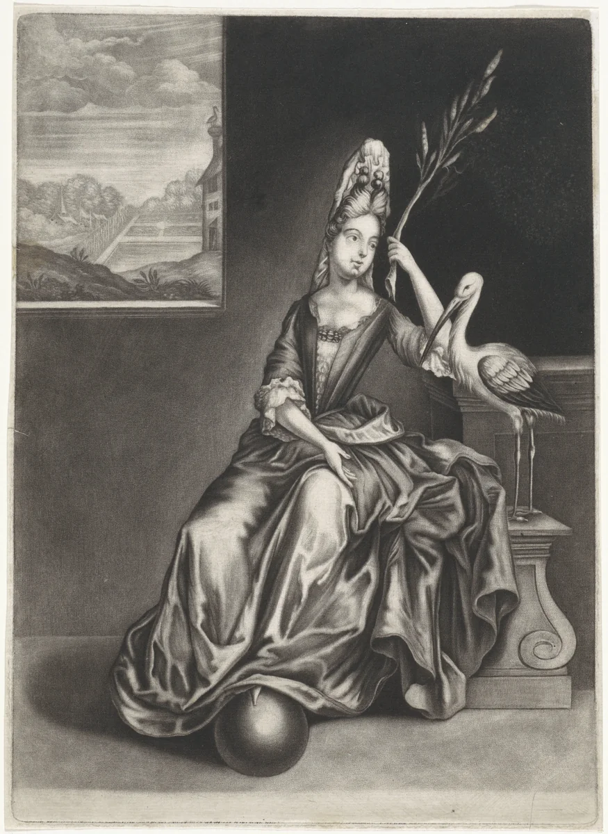 Vrouw met een ooievaar by anonymous, print, 1650-1800