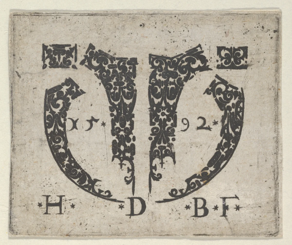 Blackwork Print with Two Small Horizontal Panels Above a Pair of Lunar-Shaped Fillets with Two Motifs at Center by Hans de Bull, print, 1592