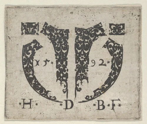 Blackwork Print with Two Small Horizontal Panels Above a Pair of Lunar-Shaped Fillets with Two Motifs at Center by Hans de Bull, print, 1592