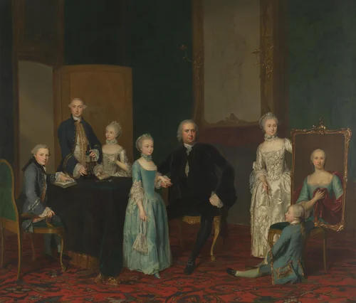 Portrait of Pieter Cornelis Hasselaer, Adviser to the Dutch East India Company and Burgomaster of Amsterdam, with his Family by George van der Mijn, painting, 1763