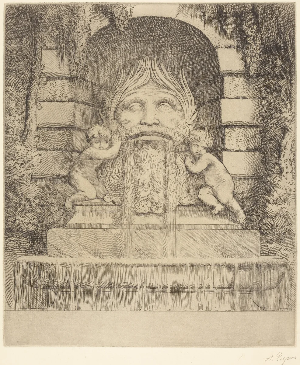 Fountain: Grotesque, Children and Basin (Une fountaine: Masque, enfants et bassin) by Alphonse Legros, print, 1837-1911