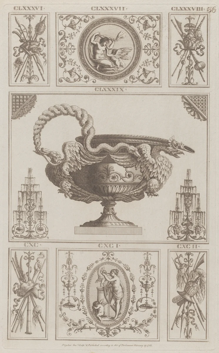 Panels of Ornament, nos. CLXXXVI–CXCII, plate 36 from "Designs for Various Ornaments" by Michelangelo Pergolesi, print, 1782