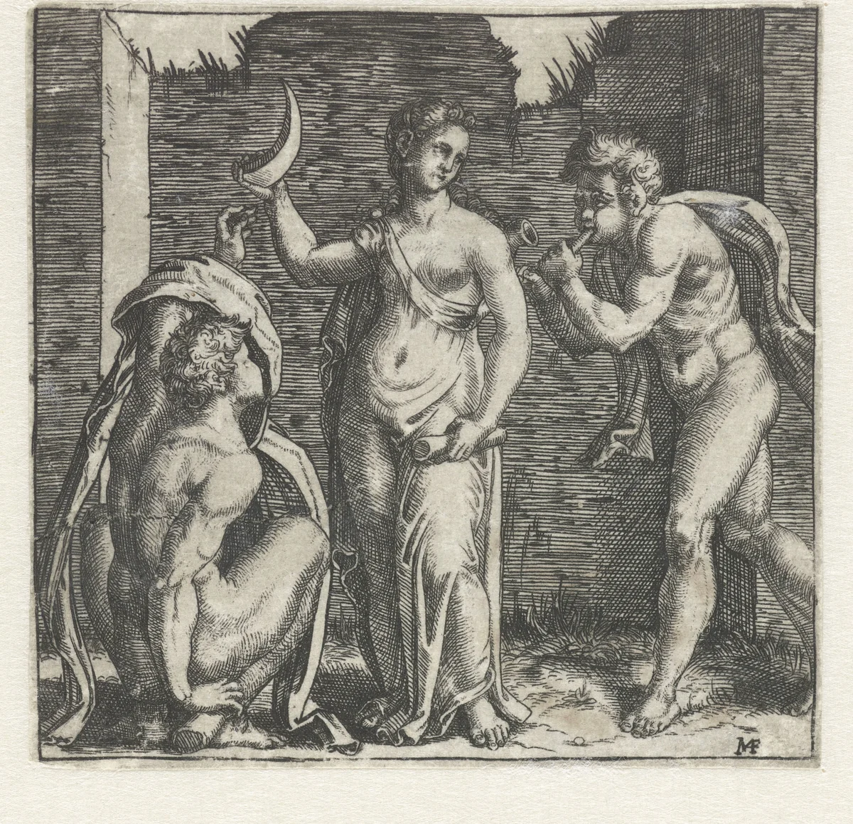 Vrouw met halve maan geflankeerd door faun blazend op hoorn en hurkende man by Unknown, print, 1510-1527