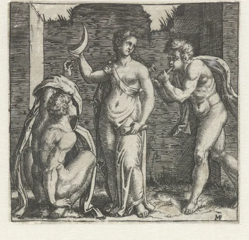 Vrouw met halve maan geflankeerd door faun blazend op hoorn en hurkende man by Unknown, print, 1510-1527