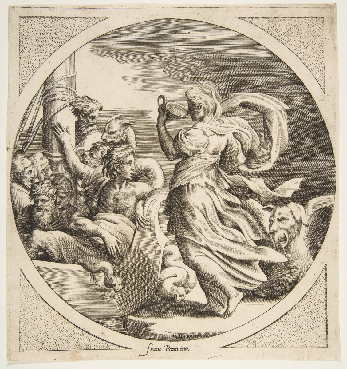 Circe drinking from a cup with the companions of Ulysses in a boat at left, a circular composition by Giulio Bonasone, print, 1531-1576