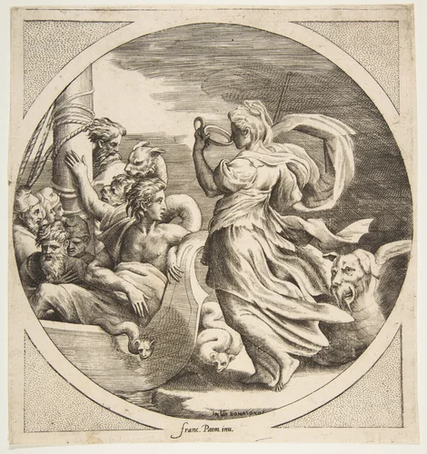 Circe drinking from a cup with the companions of Ulysses in a boat at left, a circular composition by Giulio Bonasone, print, 1531-1576