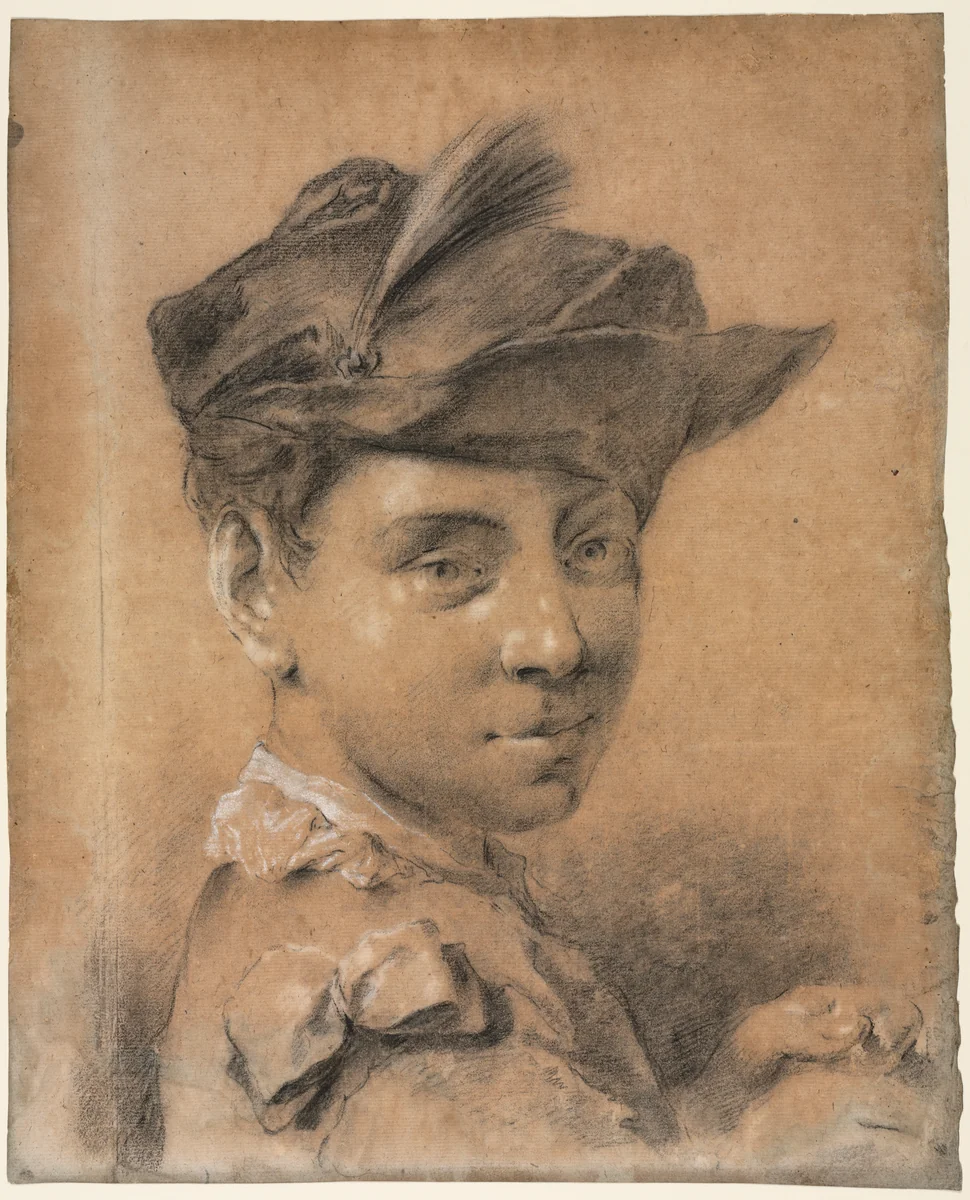 Head of a Young Man Wearing a Hat by Giovanni Battista Piazzetta, drawing, 1725-1735