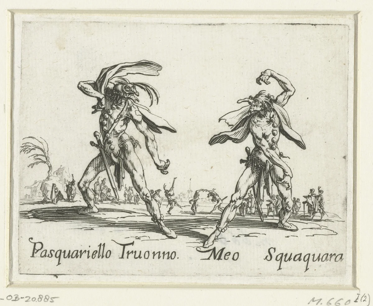 Twee straatartiesten als Pasquariello Truonno en Meo Squaquara by Jacques Callot, print, 1621-1622
