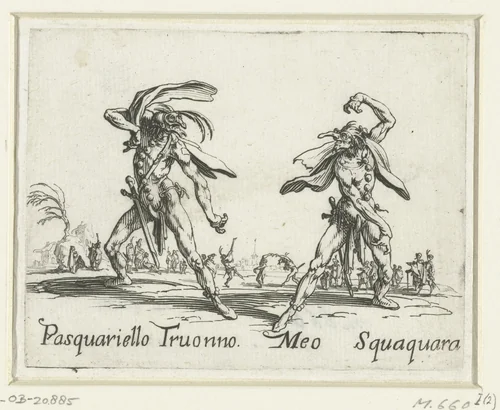 Twee straatartiesten als Pasquariello Truonno en Meo Squaquara by Jacques Callot, print, 1621-1622