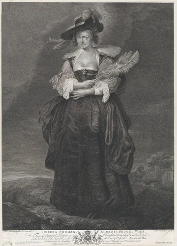 Portrait of Helena Fourment, Rubens' second wife, wearing a fur coat over her shoulders by Thomas Chambars, print, 1767