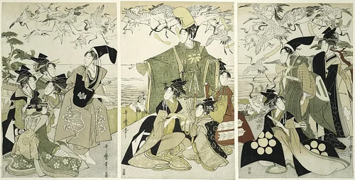 Parody of Minamoto no Yoritomo releasing cranes at Yuigahama by Kitagawa Utamaro (喜多川歌麿), print, 1756-1806
