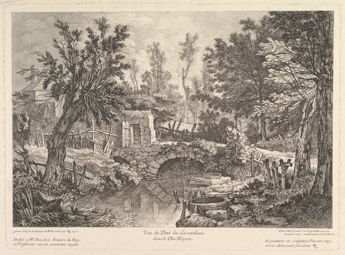 View of the Lavandieres Bridge at the Peasant House by Quentin Pierre Chedel, print, 1725-1760