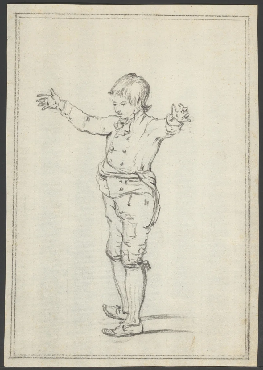 Jong kind met gespreide armen by anonymous, drawing, 1800-1899