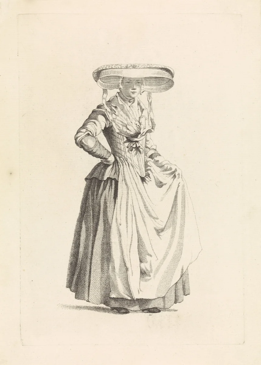 Vrouw met brede hoed by Mathias de Sallieth, print, 1772-1791