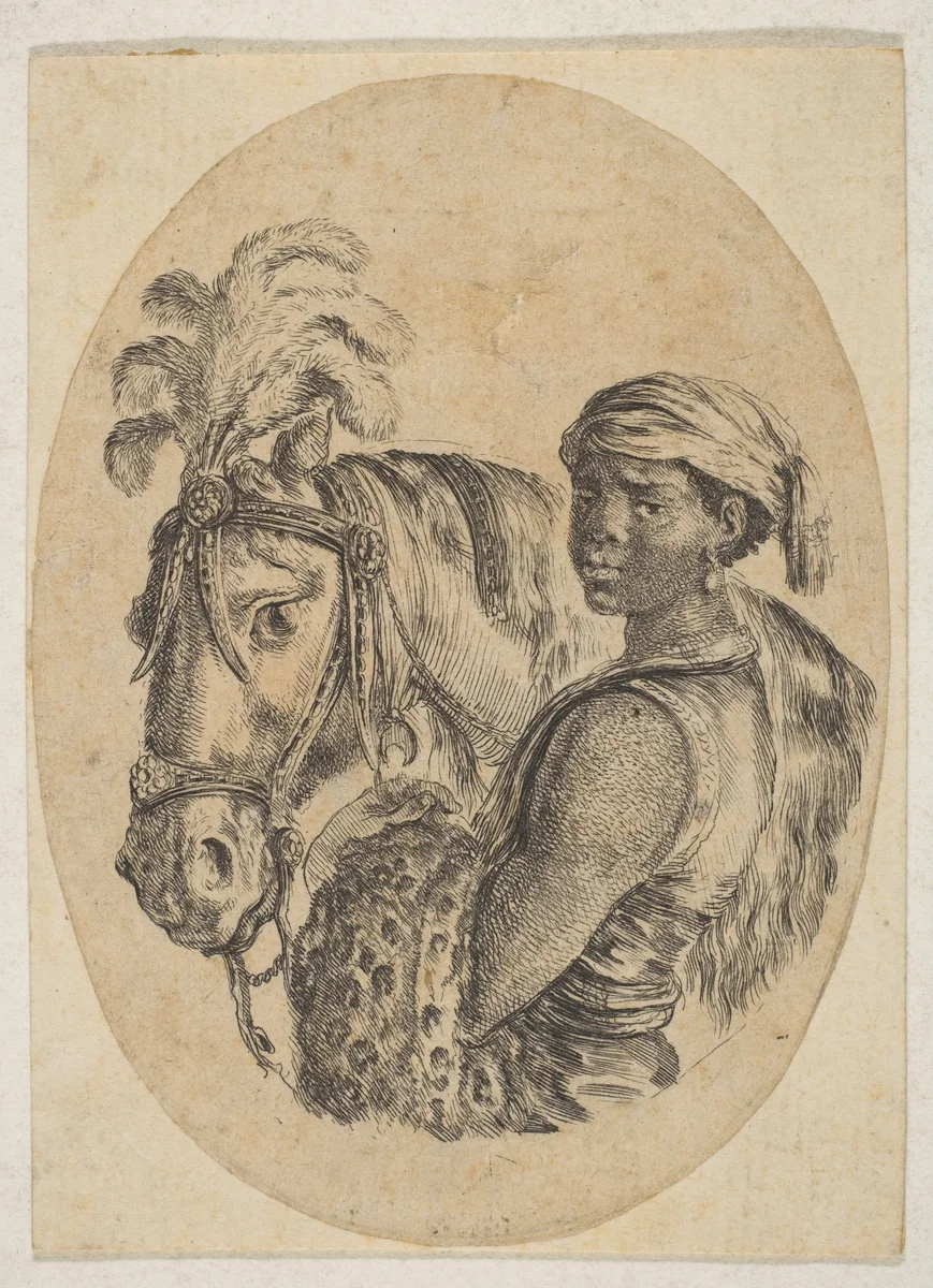 Black slave carries a leopard pelt and holds the bridle of a horse, from "Several heads in the Persian style" (Plusieurs têtes coiffées à la persienne) by Stefano della Bella, print, 1649-1650