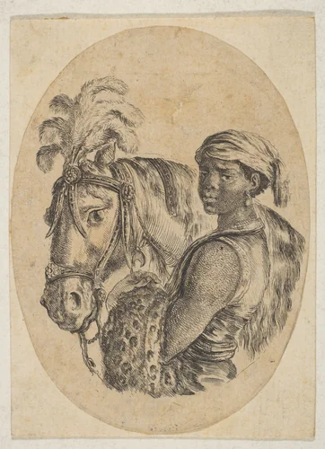 Black slave carries a leopard pelt and holds the bridle of a horse, from "Several heads in the Persian style" (Plusieurs têtes coiffées à la persienne) by Stefano della Bella, print, 1649-1650