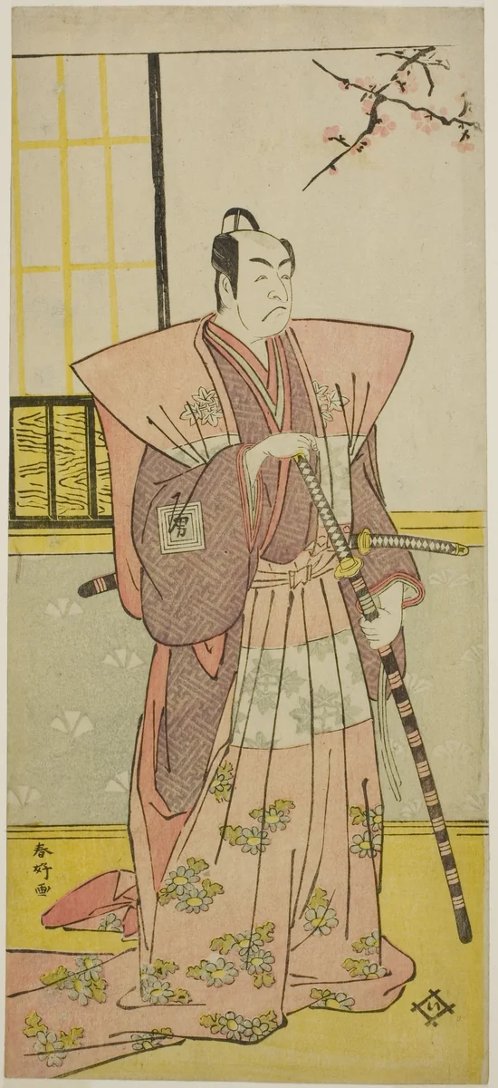 The Actor Ichikawa Omezo I as Koyurugi Motomenosuke (?) in the Play Haru no Nishiki Date-zome Soga (?), Performed at the Nakamura Theater (?) in the First Month, 1790 (?) by Katsukawa Shunko, print, 1785-1795