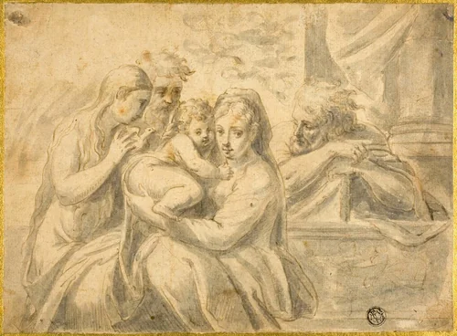 Holy Family with Mary Magdalene and Male Saint by Francesco Mazzola, drawing, 1580-1599