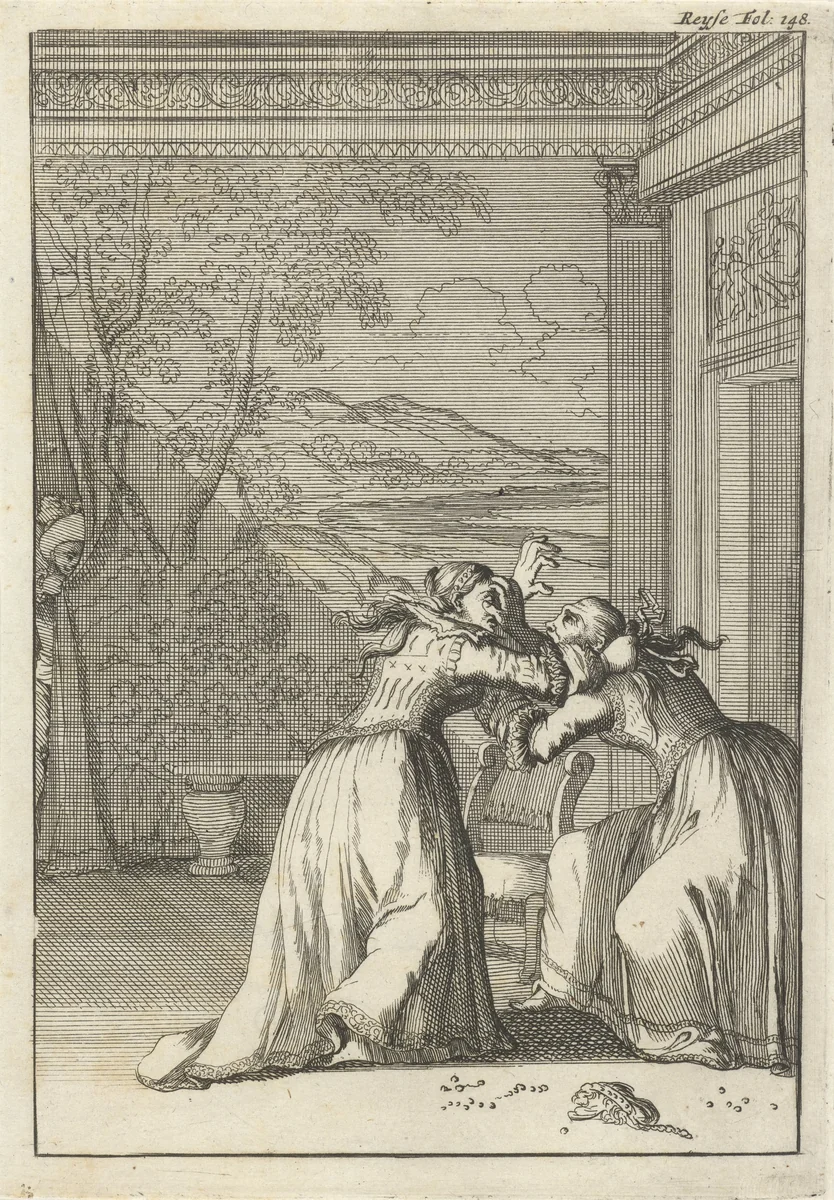 Vuistgevecht tussen Donna Inez en Donna Isabella by Caspar Luyken, print, 1696