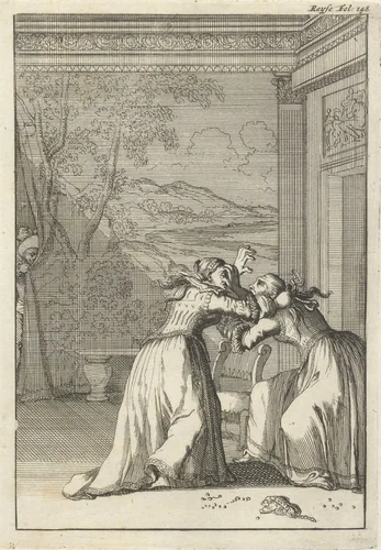 Vuistgevecht tussen Donna Inez en Donna Isabella by Caspar Luyken, print, 1696