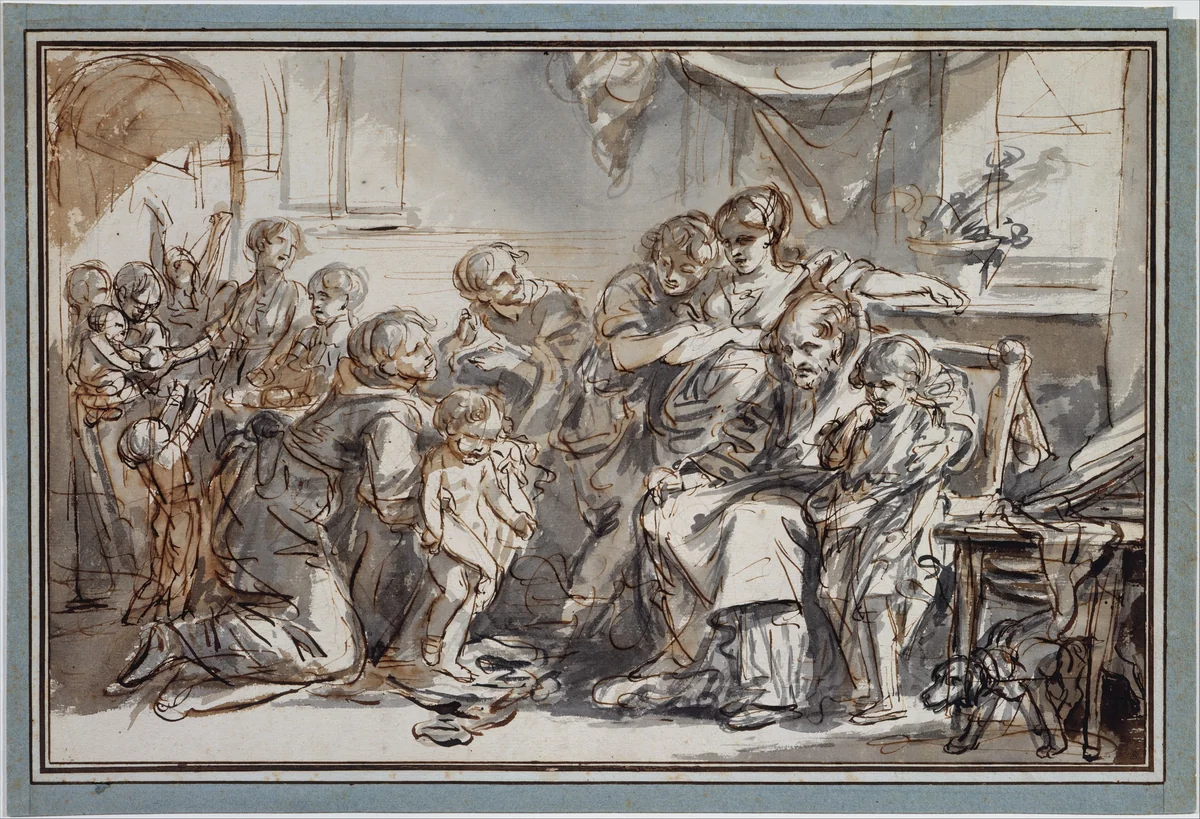 Domestic Scene by Jean-Baptiste Greuze, drawing, 1740-1805