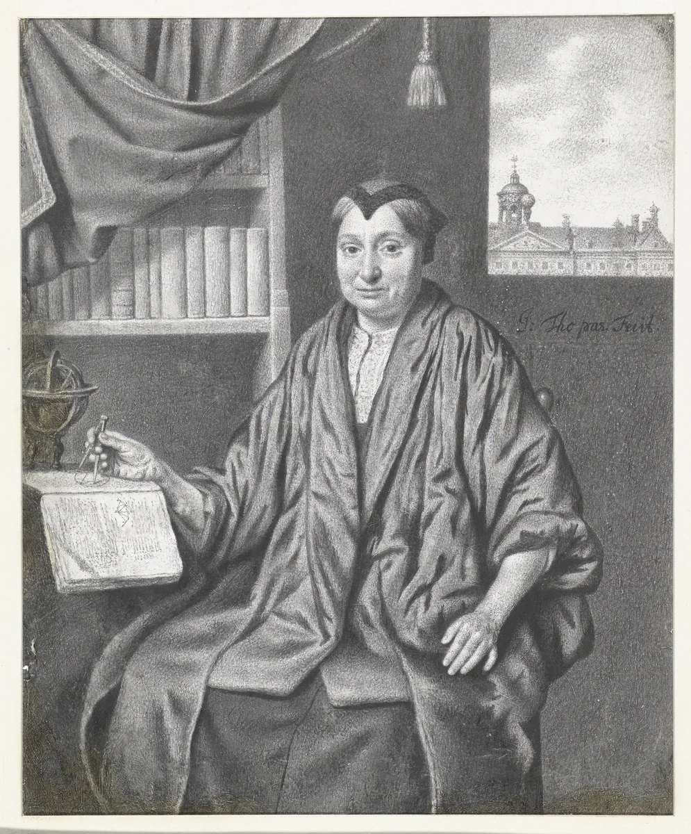 Portrait of Ida Block (1632-1693), Seated with Astronomical Instruments by Jan Thopas, drawing, 1675-1680