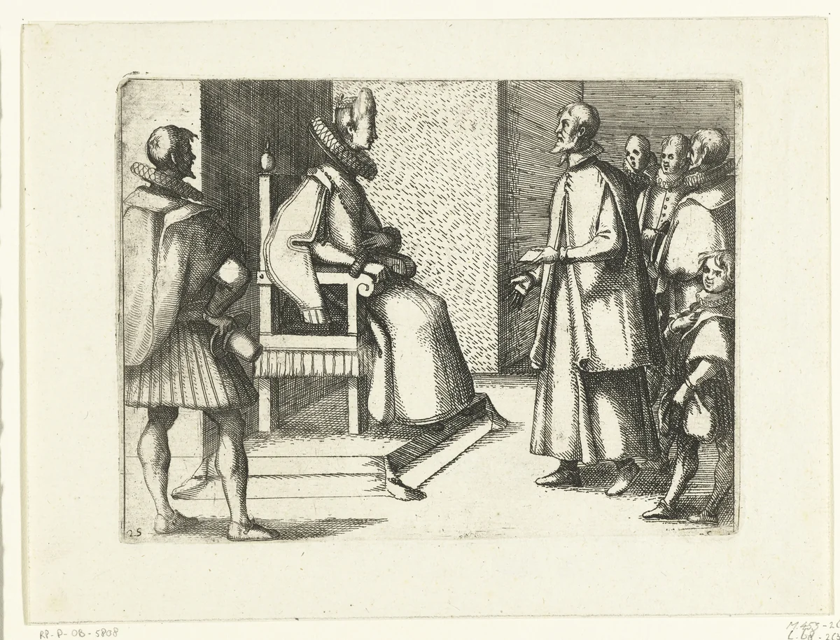 Margaretha van Oostenrijk ontvangt dankbetuigingen van de groothertog van Toscane by Jacques Callot, print, 1612