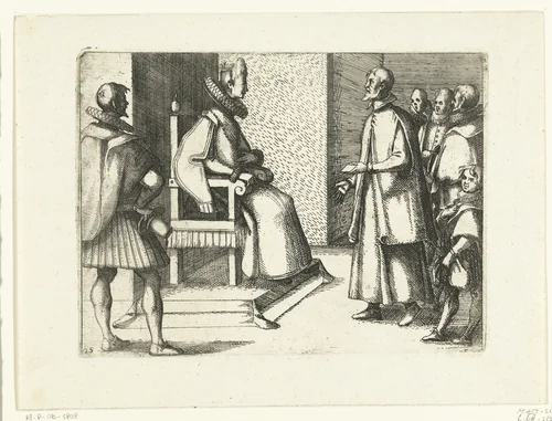Margaretha van Oostenrijk ontvangt dankbetuigingen van de groothertog van Toscane by Jacques Callot, print, 1612