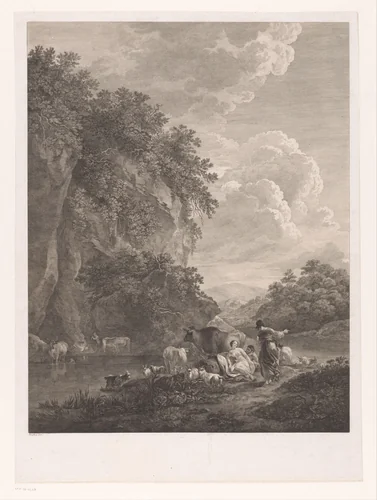 Saters en dryaden aan de oever van een rivier by Pietro Antonio Martini, print, 1772